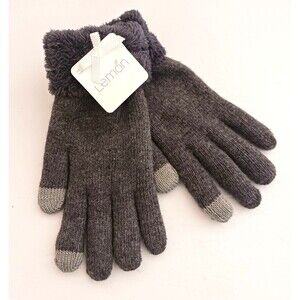 NWT Lemon Gray Knit Gloves Soft Dk Gray Fleece Lining & Cuff O/S